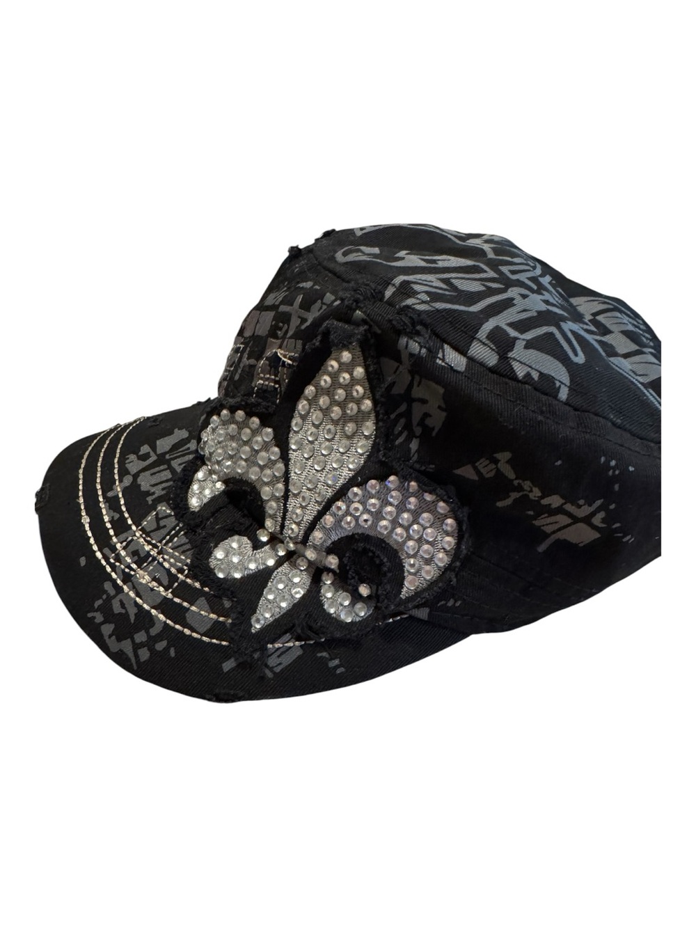 Black Cap Y2K with Silver Rhinestone Fleur-de-Lis